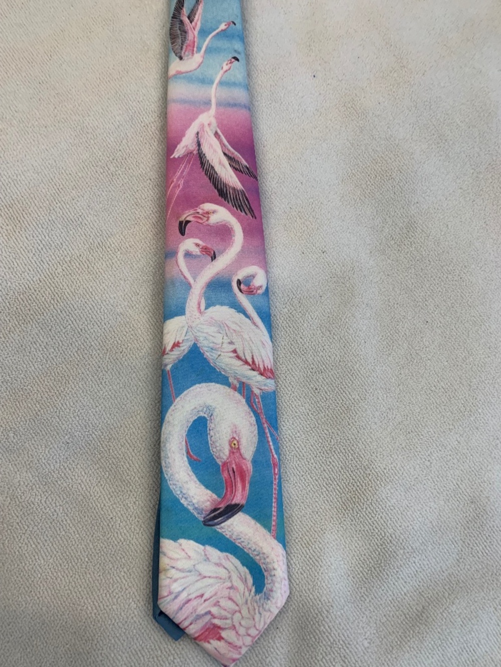 Vintage 1990 Ralph Marlin Flamingo Tie Pink Blue Made in USA Tropical Statement